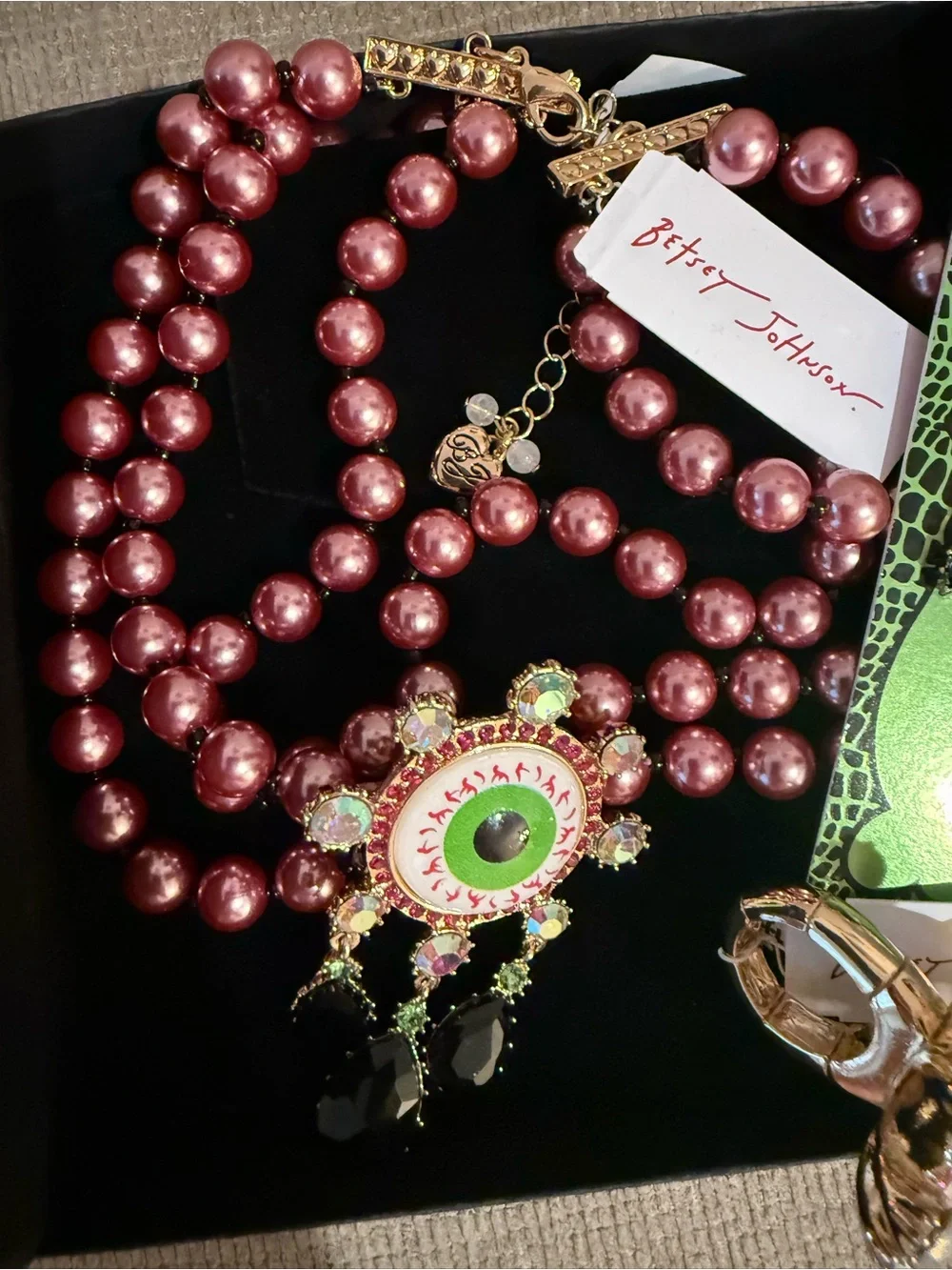 Betsey Johnson Pink pearl Halloween Necklace & Earring & expandable ring set